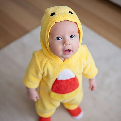 Photograph of a baby with blue eyes, wearing a yellow Pikachu onesie with red and white chest, standing on a wooden floor.