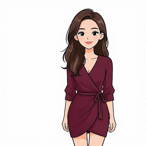 Digital illustration of a smiling young woman with long brown hair, wearing a deep purple wrap dress with three-quarter sleeves, standing against a plain white background.