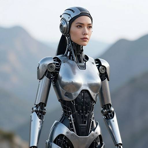 Photorealistic CGI of a female humanoid robot with silver metallic armor, black mechanical joints, and a headpiece, standing in a mountainous background.