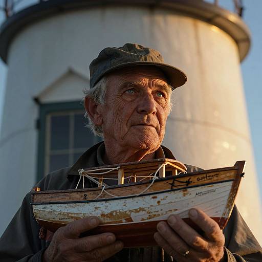 Photograph of an elderly, weathered man with gray hair, wearing a cap, holding a small, weathered wooden boat model, in front of