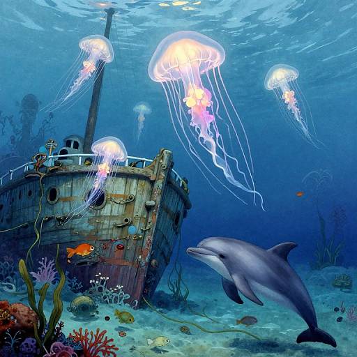 Underwater photograph of a sunken wooden ship surrounded by glowing jellyfish, a dolphin, colorful coral, and small fish in a blue ocean.