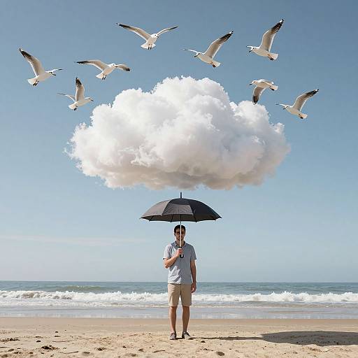 Photograph of a man in a white shirt and shorts holding a black umbrella, standing on a beach with seagulls flying above a large white cloud