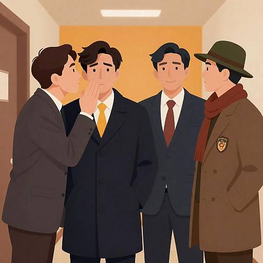 Four Men in a Colorful Hallway Scene