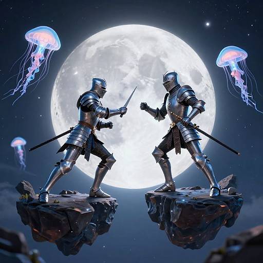 Digital artwork: Two armored knights duel on floating rocks under a bright full moon, surrounded by glowing jellyfish in a starry night sky.
