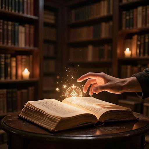 Hand Reaching for Glowing Ancient Book