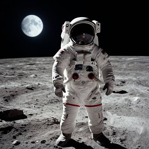 Photograph of a solo astronaut in a white spacesuit standing on a moonlit, rocky lunar surface with a bright full moon in the black sky background
