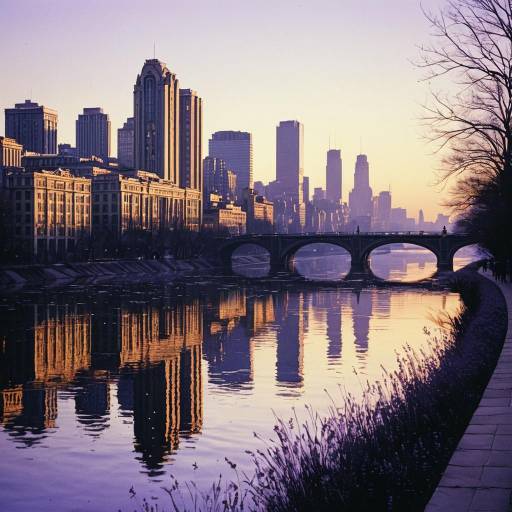 City Skyline at Dawn with Reflective River