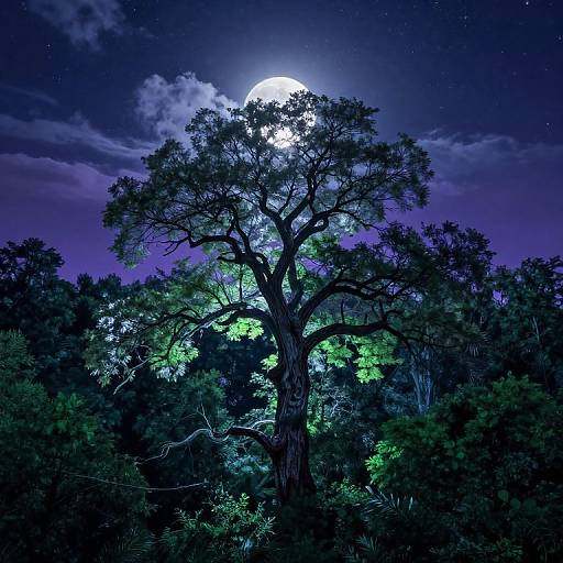 Photograph of a tall, silhouetted tree with glowing green foliage under a bright full moon, set against a dark, starry night sky