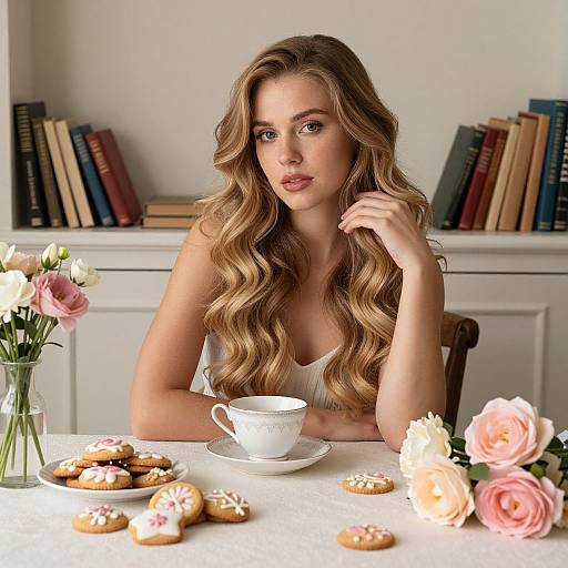 Photograph of a beautiful, long-haired blonde woman with blue eyes, wearing a white tank top, sitting at a table with pastries, flowers,