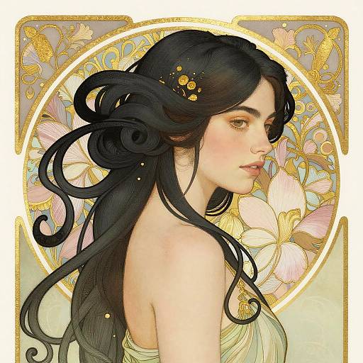 Digital painting of a beautiful, fair-skinned woman with long, flowing black hair adorned with gold flowers, set against a floral, golden circular background.