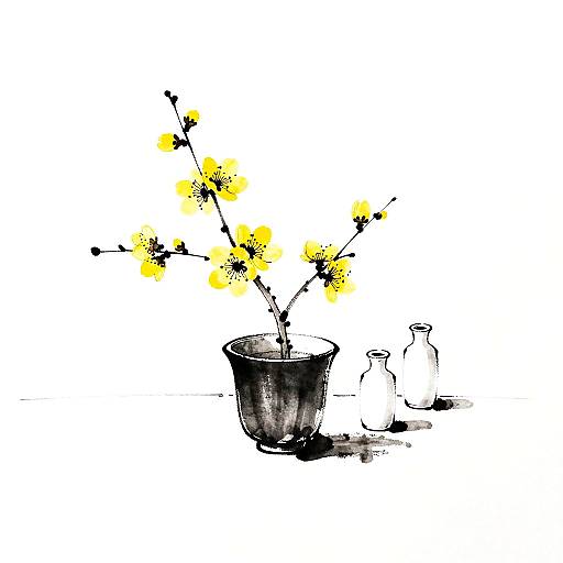 Minimalist Ink Sketch with Yellow Blossoms