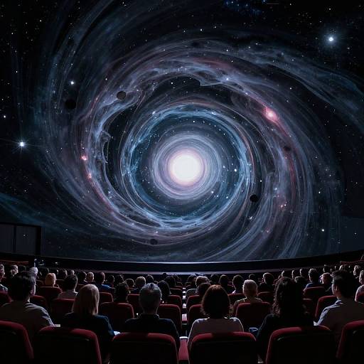 Photograph of a dimly lit theater with an audience facing a large, colorful, swirling galaxy projection on the screen.