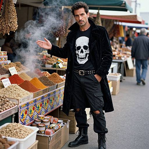 Photograph of a dark-haired man in a black skull shirt and coat, smoking, standing at a vibrant outdoor market stall.