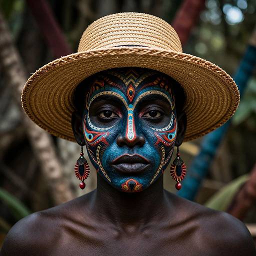 Photograph of a dark-skinned person with vibrant blue and red face paint, wearing a straw hat and red feather earrings, against a blurred tropical background