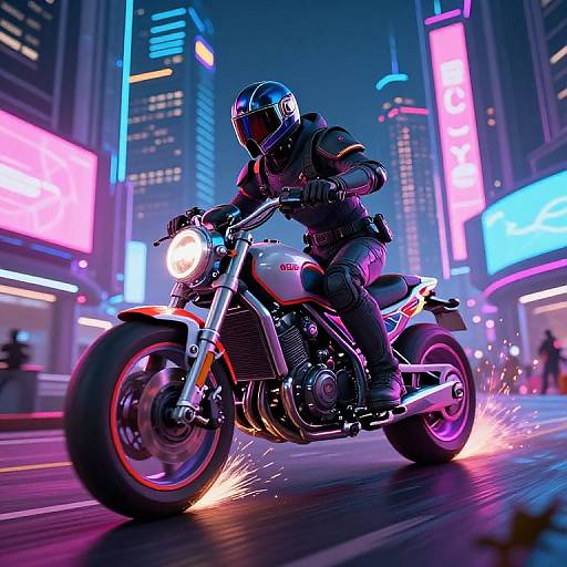 Digital artwork of a neon-lit, cyberpunk city at night. A black-clad motorcyclist in a helmet speeds on a sleek motorcycle,