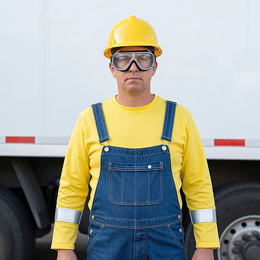 Photograph of a man in a yellow hard hat, safety goggles, yellow shirt, and blue denim overalls, standing in front of a white truck