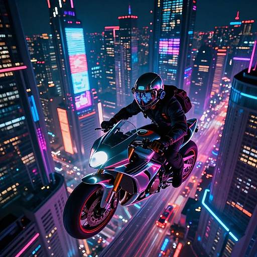 Neon-lit cityscape at night: a helmeted motorcyclist in black gear jumps over a brightly lit, bustling urban intersection with colorful skys