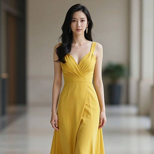 Photograph of an Asian woman with long black hair in a yellow, sleeveless, V-neck dress, standing in a blurred, modern indoor space.