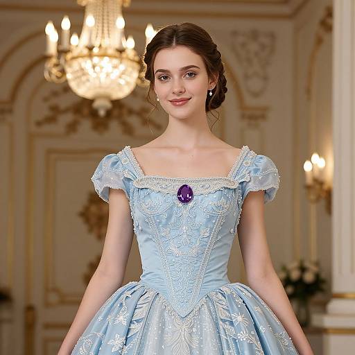 Photograph of a young woman with fair skin and brown hair, wearing an elegant light blue, lace-embroidered ball gown with a purple bro