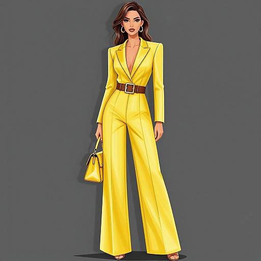 Digital illustration of a confident woman in a bright yellow, wide-legged suit with a brown belt, holding a yellow handbag, against a dark gray background
