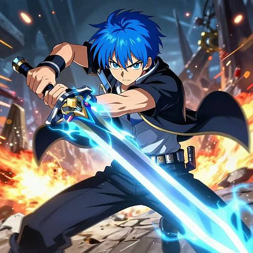 Anime-style digital drawing of a blue-haired, determined male warrior with glowing blue sword, black jacket, and white shirt, amidst fiery battlefield ruins.