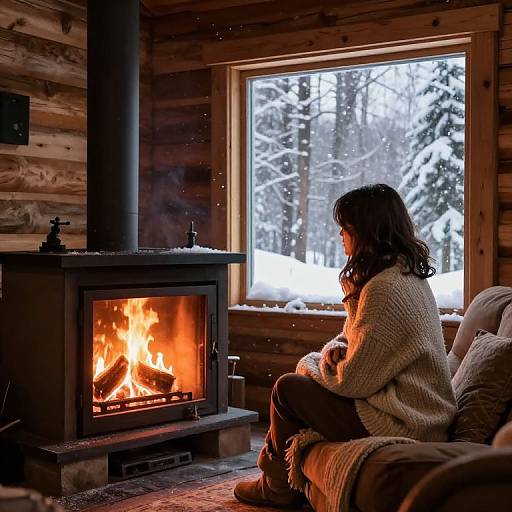 Photograph of a woman with wavy brown hair in a white knit sweater, sitting by a roaring wood-burning stove in a log cabin, g