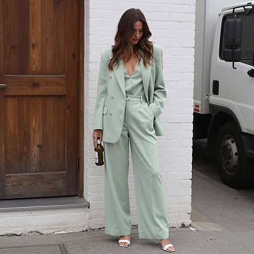 Woman in Light Green Suit Holding Bottle Outdoors