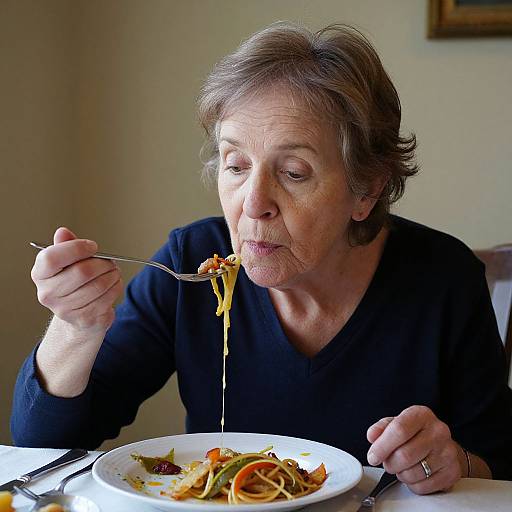 Photograph of an older woman with short brown hair, wearing a black sweater, eating spaghetti with a fork, in a softly lit room.
