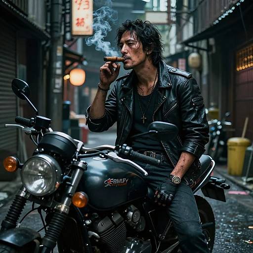 Photograph of a rugged, wet-haired man in black leather jacket, smoking, seated on a black Harley-Davidson motorcycle in a dim, urban