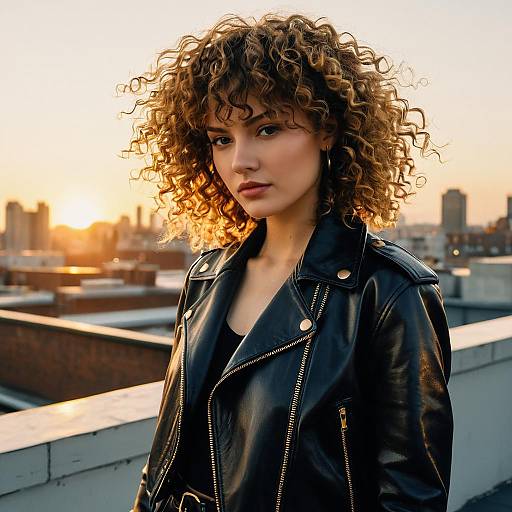 Fashion Model with Curly Fringe Hairstyle on Urban Rooftop