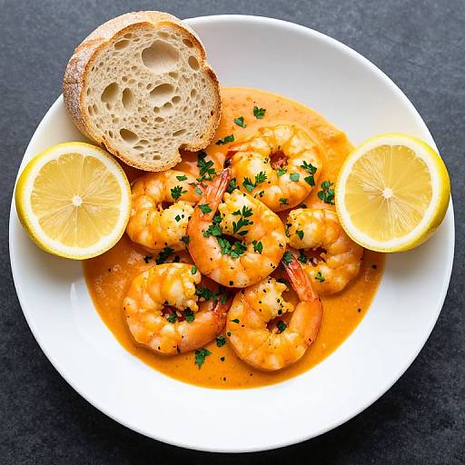 Photograph of shrimp in a rich orange sauce, garnished with parsley, lemon slices, and a bread roll, on a white plate.