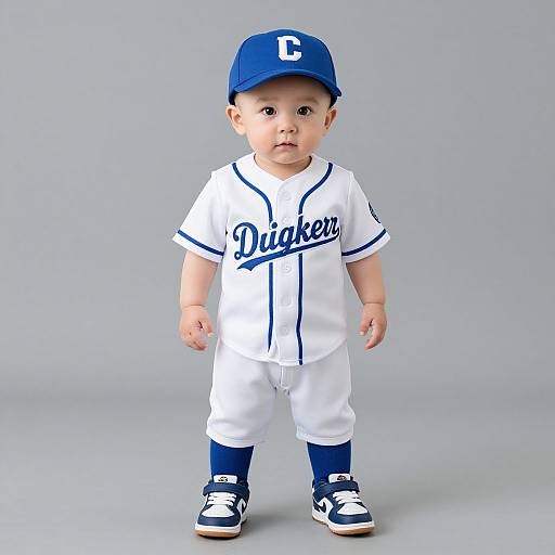 Photograph of a baby wearing a blue Dodgers baseball cap, white jersey with 