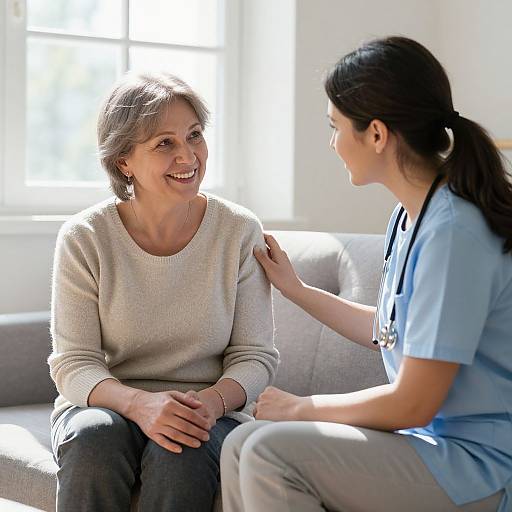 Photograph of a smiling middle-aged woman in a beige sweater and dark pants, sitting on a gray couch, being gently touched on the shoulder by a
