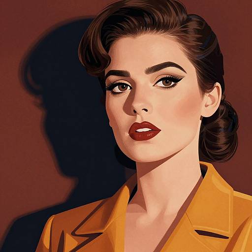 Digital illustration of a glamorous woman with dark, wavy hair, red lipstick, and a yellow jacket, set against a dark red background.