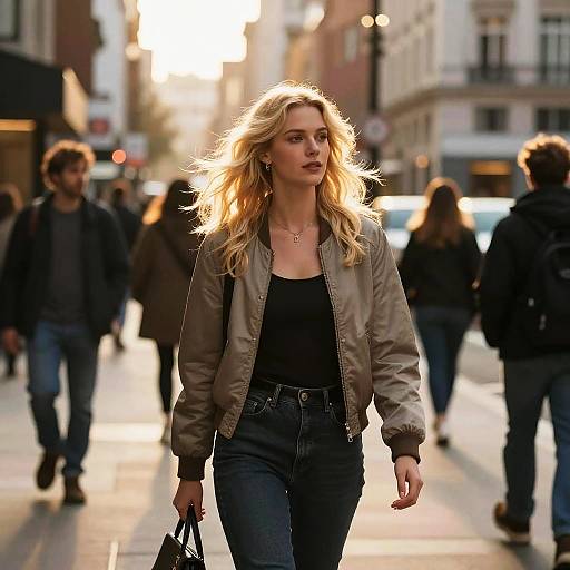 Photograph of a blonde woman with wavy hair, wearing a beige jacket and black top, walking in a sunlit urban street, carrying a black