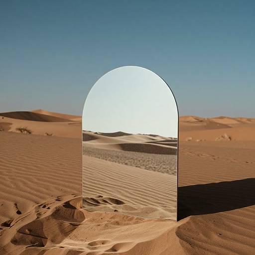 Photograph of a desert with rippled sand dunes, featuring a large, white, arched mirror reflecting a bright sky and distant sand hills.