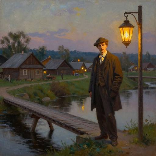 Oil painting of a stern, elderly man in a dark coat and flat cap, standing by a lit streetlamp by a wooden bridge, dusk village background