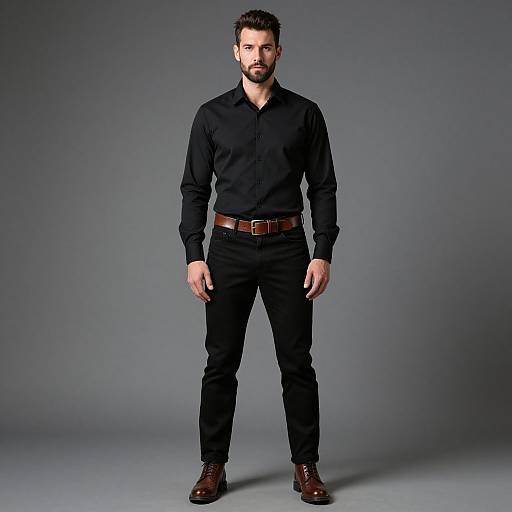 Photograph of a handsome, bearded man with short dark hair, wearing a black long-sleeve shirt, black pants, brown belt, and