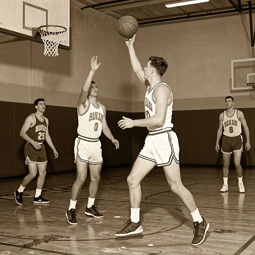 Sepia-toned photograph of four male basketball players in an indoor gym; one player jumps to block a shot, three teammates watch. 