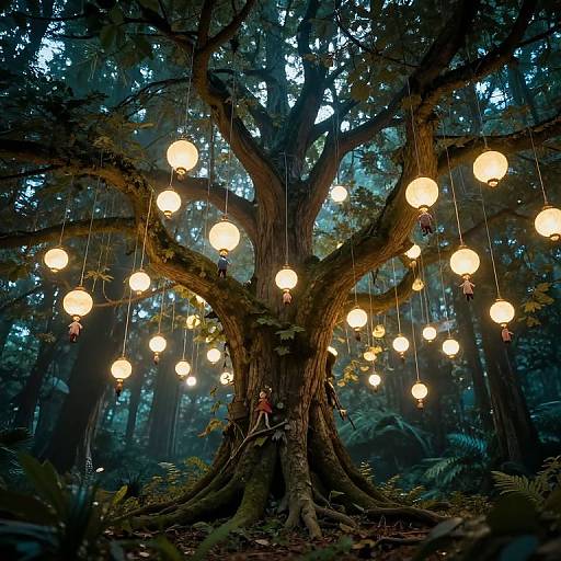 Photograph of a magical forest scene with glowing lanterns hanging from a massive, twisted tree, surrounded by dense, misty woods.