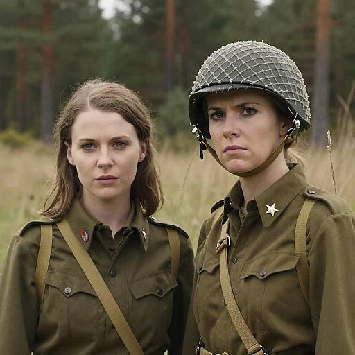 Photograph of two serious young women in WWII-era military uniforms, one with a steel helmet, standing in a forest. Both have brown hair, olive