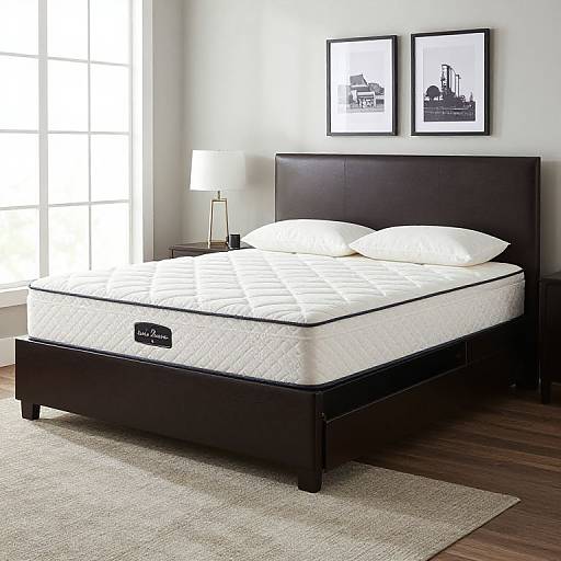 Modern bedroom photograph: black wooden bed with white quilt, pillows, and mattress tag; white-framed black-and-white city photos on white wall; bright