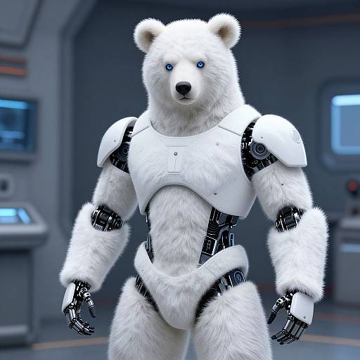 CGI image of a white-furred, robotic polar bear with blue eyes, wearing white armor with black joints in a futuristic, gray-toned room