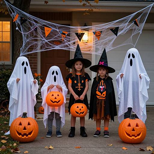 Photograph of four children in black witch hats and ghost costumes, holding glowing jack-o'-lanterns, standing under spiderweb bunting on a