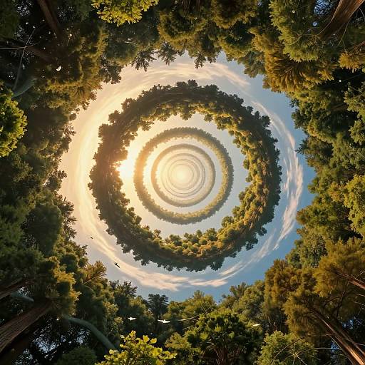 Photograph of a forest canopy viewed from below, creating a mesmerizing spiral pattern with sunlight and clouds at the center.