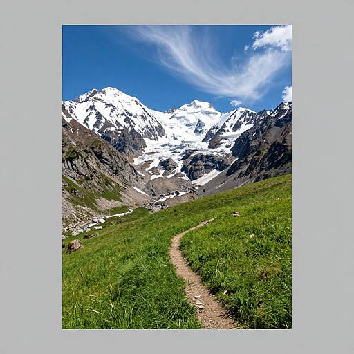 Photograph of a vibrant green mountain trail curving through lush grass, leading to a stunning range of snow-capped peaks under a bright blue sky with