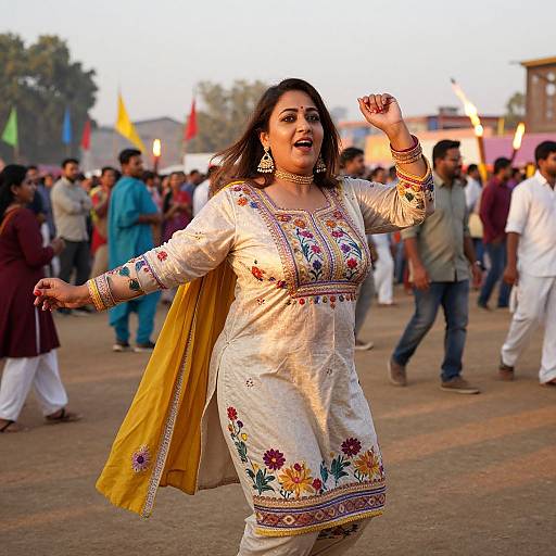 Photograph of a joyful South Asian woman in a white, embroidered traditional dress and yellow dupatta dancing in a vibrant outdoor festival with a crowd in colorful