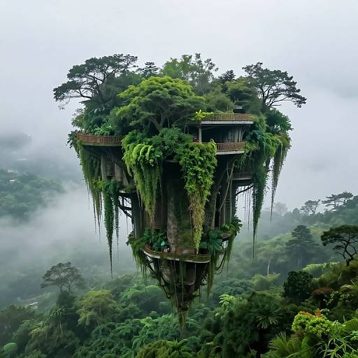 Photograph of a lush, elevated treehouse covered in dense greenery and vines, hanging high above a misty, tropical forest.