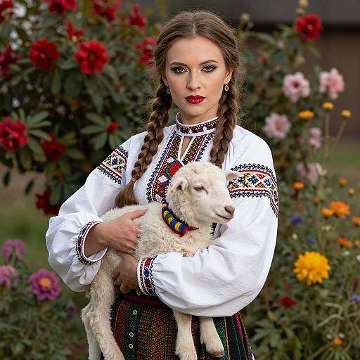 Photograph of a young woman with braided brown hair, wearing a traditional white embroidered blouse and dark skirt, holding a small white sheep with a colorful