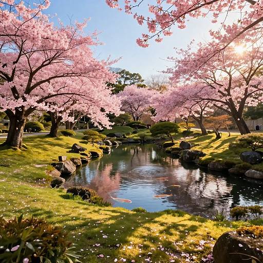 Photograph of a serene Japanese garden with a reflecting pond, surrounded by pink cherry blossom trees, green grass, and sunlight filtering through.